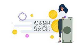 het meisje houdt een dollar vast. cashback belettering geïsoleerd op een witte achtergrond. gouden munten. compositie rond het thema geld terug en cashback. vector. vector