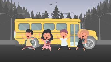 gelukkige kinderen en een schoolbus. kinderen gaan naar school. gele bus voor school. vetkor. vector