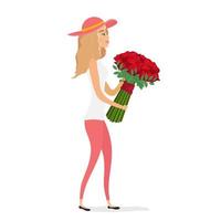 meisje met een boeket rozen geïsoleerd op een witte achtergrond. meisje met bloemenvector. vector
