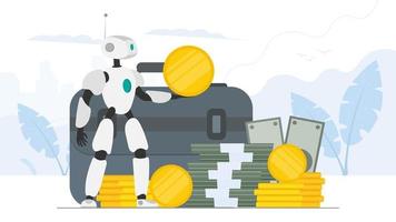 de robot houdt geld vast. robotassistent met een gouden munt in zijn handen. een berg geld. dollars, bundels geld, gouden munten. vector. vector