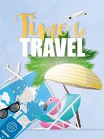 tijd om te reizen. de banner is blauw. wereldkaart, zonnebril, vliegtuigminiatuur, strandstoel en parasol. een opblaasbare cirkel in de vorm van een roze flamingo. vectorillustratie. vector