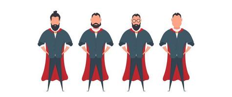 bebaarde zakenman met een rode mantel in een cartoon-stijl. een superheld van een man houdt zijn handen aan zijn riem. geïsoleerd. vector. vector