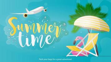 zomertijd banner. blauwe achtergrond op een zomers thema. ligstoel en parasol met gele strepen geïsoleerd op een witte achtergrond. palmbomen en roze flamingo-zwemcirkel. vector