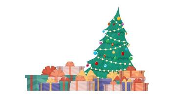 nieuwjaarsbanner met kerstboom en geschenken. groene naaldboom. cadeautjes onder de boom. vector. vector