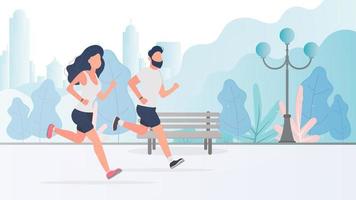 een jongen en een meisje rennen door het park. ochtendloop. het concept van sport en een gezonde levensstijl. vector. vector