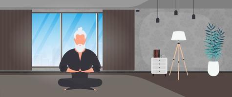 een man in een zwarte kimono mediteert. Kung Fu meester. de man doet yoga. vector. vector