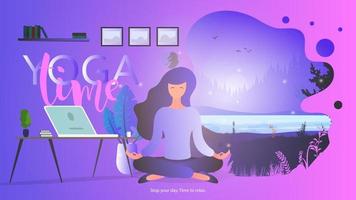 yoga tijd banner. het meisje mediteert in de kamer. meisje doet yoga. vectorillustratie. vector