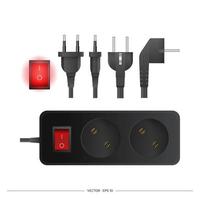 zwart verlengsnoer met twee stopcontacten. draagbare stopcontact. set stekkers voor stopcontacten. realistische stijl. vector. vector