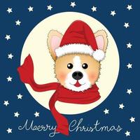 corgi santa claus met rode sjaal op blauwe kerstwenskaart vector