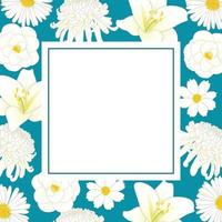 witte chrysanthemum, aster, camelia, kosmos en leliebloem op indigoblauwe bannerkaart vector