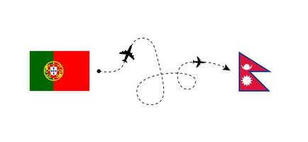 vlucht en reis van portugal naar nepal per reisconcept voor passagiersvliegtuigen vector
