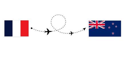 vlucht en reis van Frankrijk naar Nieuw-Zeeland per reisconcept voor passagiersvliegtuigen vector