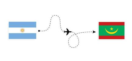 vlucht en reis van Argentinië naar Mauritanië per reisconcept voor passagiersvliegtuigen vector