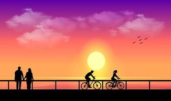 illustratie vectorafbeelding van mensen genieten van de prachtige zonsondergang in de middag