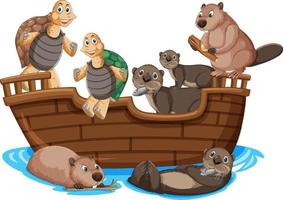 wilde dieren op houten boot in cartoonstijl vector