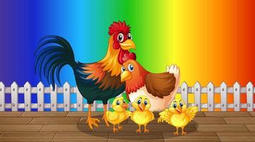 veel kippen stripfiguur op regenbooggradiëntachtergrond vector