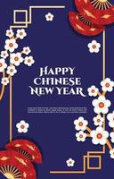 bloem fan gelukkig chinees nieuwjaar viering blauwe wenskaart vector