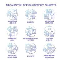 digitalisering van openbare diensten blauwe gradiënt concept iconen set. digitale modernisering die zorgt voor verschillende levenssferen idee dunne lijn kleurenillustraties. vector geïsoleerde overzichtstekeningen