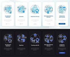 gezondheidszorg digitale dienst onboarding mobiele app paginascherm. med walkthrough 5 stappen grafische instructies met concepten. ui, ux, gui vectorsjabloon met lineaire nacht- en dagmodusillustraties vector