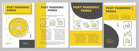 post pandemie voordelen gele brochure sjabloon. werknemers voordelen. flyer, boekje, folder afdrukken, omslagontwerp met lineaire pictogrammen. vectorlay-outs voor presentatie, jaarverslagen, advertentiepagina's vector