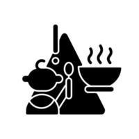 kind en warm eten zwart glyph icoon. veiligheid van de baby. tijdens het eten toezicht vereist. voorkomen van brandwonden en verwondingen. veiligheid voor baby's. silhouet symbool op witte ruimte. vector geïsoleerde illustratie