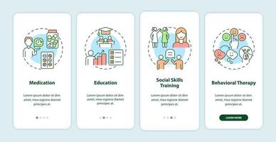 behandelingen voor adhd bij volwassenen aan boord van het paginascherm van de mobiele app. gedragstherapie walkthrough 4 stappen grafische instructies met concepten. ui, ux, gui vectorsjabloon met lineaire kleurenillustraties vector