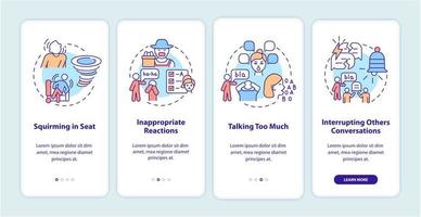 hyperactief-impulsieve symptomen aan boord van het paginascherm van de mobiele app. kronkelen in stoel walkthrough 4 stappen grafische instructies met concepten. ui, ux, gui vectorsjabloon met lineaire kleurenillustraties vector