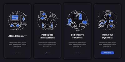 ondersteuning groepseffectiviteit nachtmodus onboarding mobiele app-scherm. walkthrough 4 stappen grafische instructiepagina's met lineaire concepten. ui, ux, gui-sjabloon. talloze pro-bold, reguliere lettertypen gebruikt vector