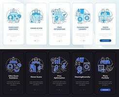 hotels eigendom nacht- en dagmodus onboarding mobiele app-scherm. services walkthrough 5 stappen grafische instructiepagina's met lineaire concepten. ui, ux, gui-sjabloon. talloze pro-bold, reguliere lettertypen gebruikt vector