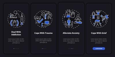 praten over geestelijke gezondheid nachtmodus onboarding mobiele app-scherm. walkthrough 4 stappen grafische instructiepagina's met lineaire concepten. ui, ux, gui-sjabloon. talloze pro-bold, reguliere lettertypen gebruikt vector