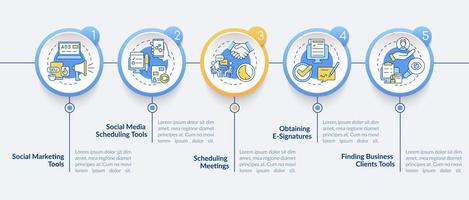 marketingtools typen cirkel infographic sjabloon. sociale marketing. datavisualisatie met 5 stappen. proces tijdlijn info grafiek. workflowlay-out met lijnpictogrammen. lato-bold, gewone lettertypen gebruikt vector