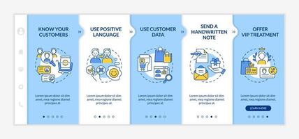 klantenondersteuningstips blauw en wit onboarding-sjabloon. wees respectvol. responsieve mobiele website met lineaire conceptpictogrammen. webpagina walkthrough 5 stappen schermen. lato-bold, gewone lettertypen gebruikt vector