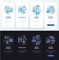 klantenservice nacht- en dagmodus onboarding mobiele app-scherm. walkthrough 4 stappen grafische instructiepagina's met lineaire concepten. ui, ux, gui-sjabloon. talloze pro-bold, reguliere lettertypen gebruikt vector