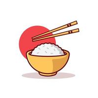 kom met rijst en eetstokjes platte vector illustratie pictogram op witte achtergrond voor web, bestemmingspagina, sticker, banner