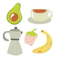 set handgetekende platte elementen van het ontbijt. koffie, fruit. vector