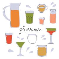 hand getekende set glaswerk. platte moderne illustratie. vector