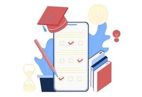 online examen in mobiele smartphone-app. online test, opiniechecklist, online onderwijs, vragenlijstformulier, enquêtemetafoor, internetquiz beantwoorden, huiswerkopdracht. computertest en examen vector