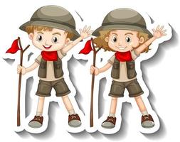 paar kinderen dragen safari-outfit stripfiguursticker vector