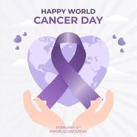 paars lint steek handen op en kaarten illustratie met thema gelukkige wereld kanker dag op sunburst achtergrond. wereld kanker dag 4 februari ontwerp vector