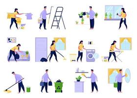 verzameling van paar dat huishoudelijk werk doet. set van mannen, vrouwen man, vrouw vector