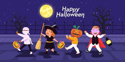 vectorillustratie happy halloween trick or treat kinderen lopen rond het huis kloppen op halloween. vector