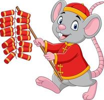 cartoon rat in chinees traditioneel kostuum met voetzoeker. Chinees Nieuwjaar. jaar van de rat. vector