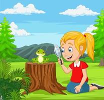 klein meisje kijkt naar kikker met vergrootglas in de tuin vector