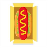 vectorillustratie van vers geopende hotdog uit een doos met kaas en tomatensaus, restaurant en culinair thema. geschikt voor reclame voor voedingsproducten vector