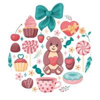 lief schattig cirkelframe. teddy, cake, hart, lolly, kers. cartoon-stijl. vectorillustratie. geïsoleerd op wit. vector