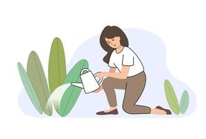 de tuin sproeien. meisje de plant water geven met een gieter. planten groeien - vectorillustratie op witte achtergrond vlakke stijl. plantenverzorging vector