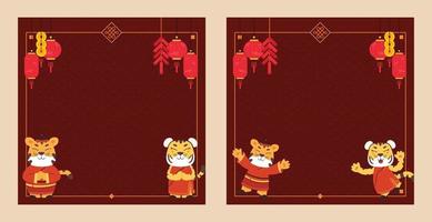 Chinees Nieuwjaar 2022 achtergrondsjabloon voor wenskaart, poster, websitebanner met tijgerillustratie, lantaarn, voetzoeker, stempel en Chinees element vector