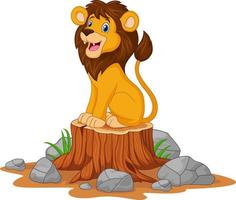 happy cartoon leeuw zittend op boomstronk