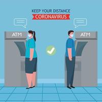 social distancing en coronavirus covid 19 preventie, houd een veilige afstand van anderen bij het gebruik van pinautomaat