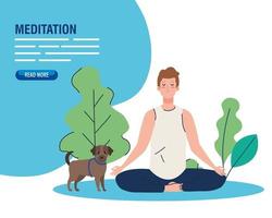 banner van man mediteren, concept voor yoga, meditatie, ontspannen, gezonde levensstijl in landschap, met hond mascotte vector